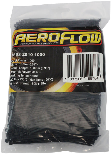 High Temp Cable Ties 2.5 x 100mm1000 Pack Black Zip Tie PA46 AF98-2510-1000 - Aeroflow