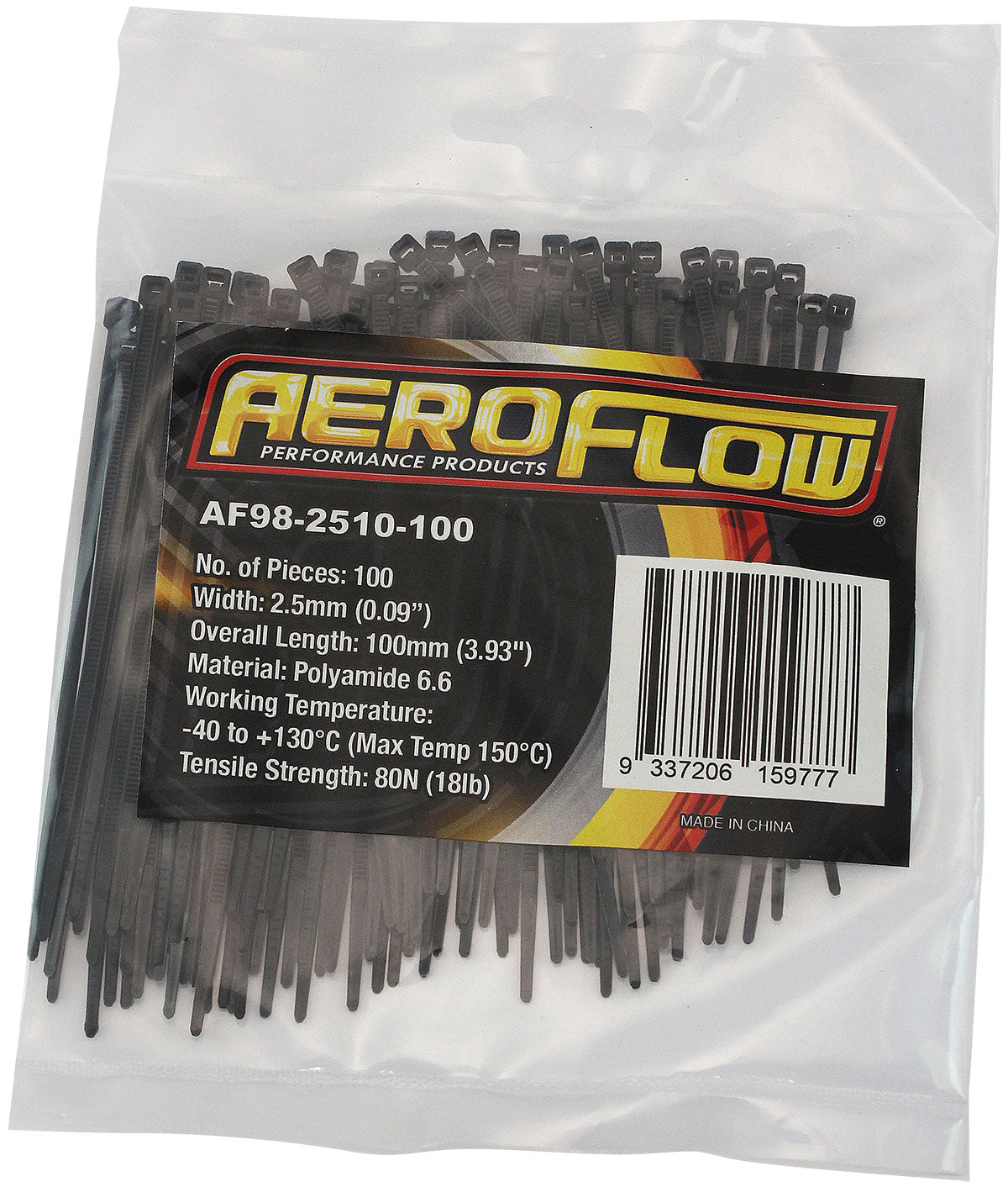 High Temp Cable Ties 2.5 x 100mm100 Pack Black Zip Tie PA46 AF98-2510-100 - Aeroflow