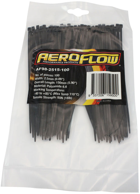 Cable Ties 2.5mm x 150mm 100 Pack Black Zip Tie PA66 AF98-2515-100 - Aeroflow