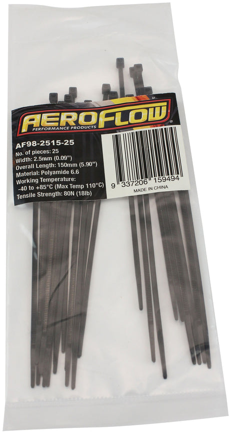Cable Ties 2.5mm x 150mm 25 Pack Black Zip Tie PA66 AF98-2515-25 - Aeroflow