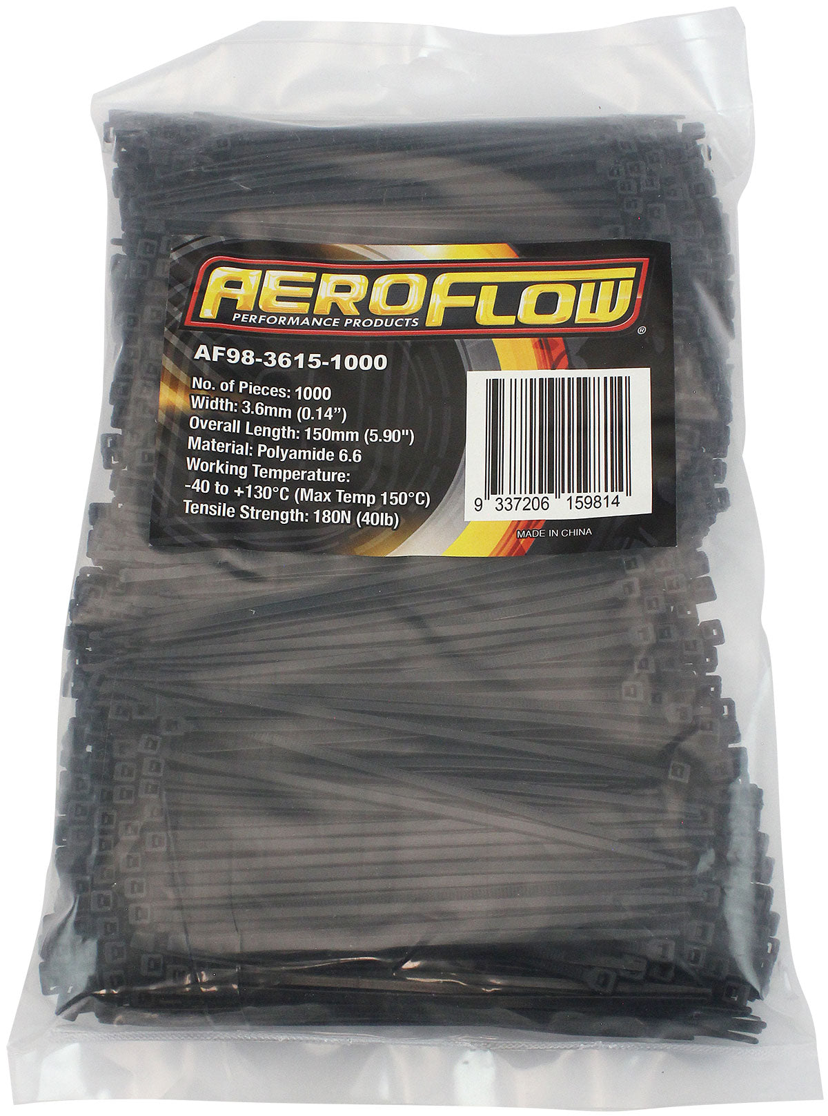 High Temp Cable Ties 3.6 x 150mm1000 Pack Black Zip Tie PA46 AF98-3615-1000 - Aeroflow