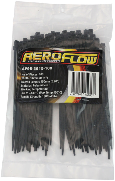 High Temp Cable Ties 3.6 x 150mm100 Pack Black Zip Tie PA46 AF98-3615-100 - Aeroflow