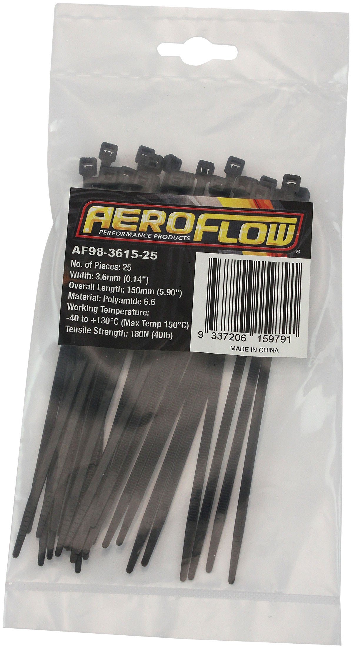 High Temp Cable Ties 3.6 x 150mm25 Pack Black Zip Tie PA46 AF98-3615-25 - Aeroflow