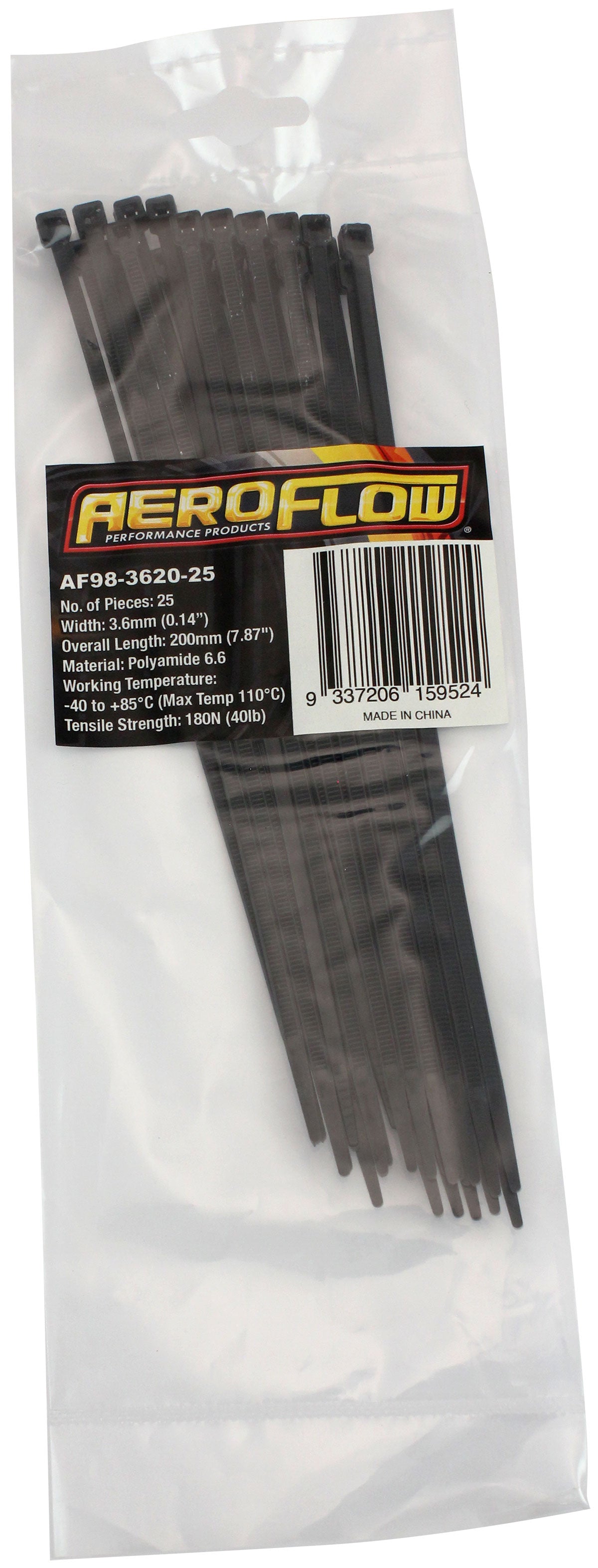 Cable Ties 3.6mm x 200mm 25 Pack Black Zip Tie PA66 AF98-3620-25 - Aeroflow