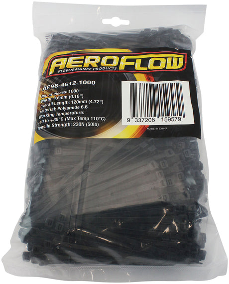 Cable Ties 4.6mm x 120mm 1000 Pack Black Zip Tie PA66 AF98-4612-1000 - Aeroflow