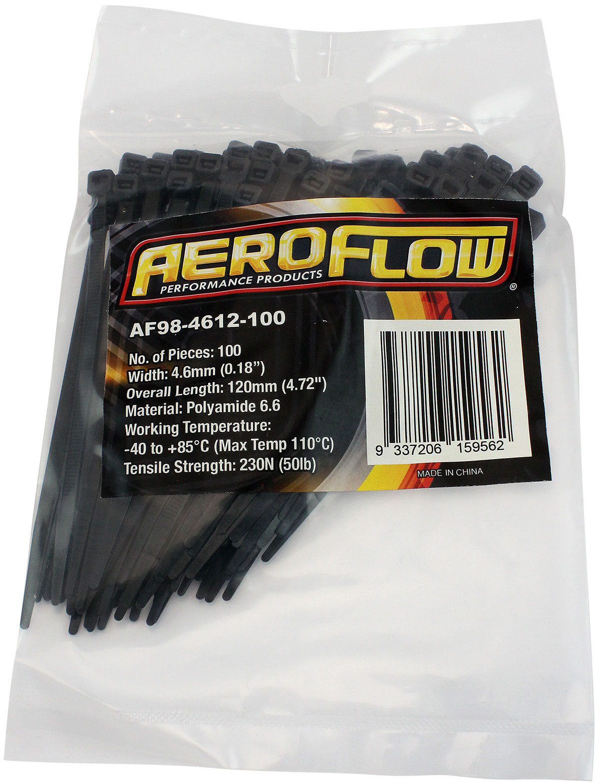 Cable Ties 4.6mm x 120mm 100 Pack Black Zip Tie PA66 AF98-4612-100 - Aeroflow
