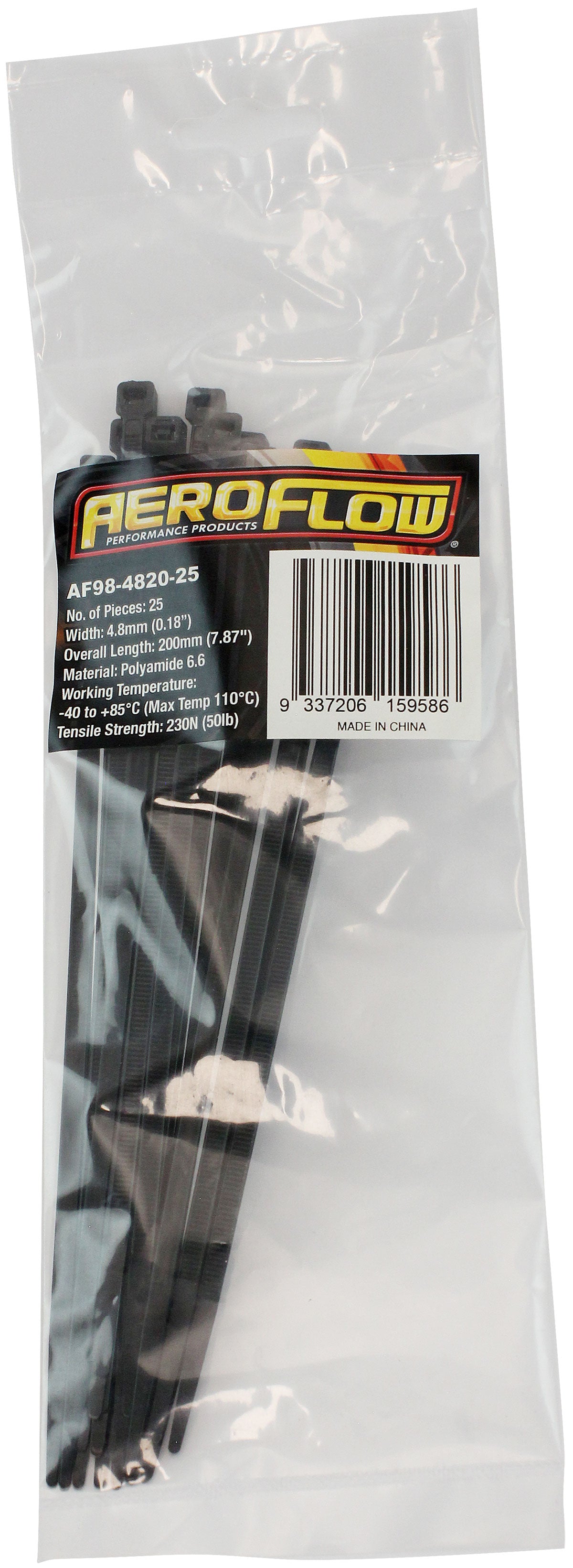 Cable Ties 4.8mm x 200mm 25 Pack Black Zip Tie PA66 AF98-4820-25 - Aeroflow