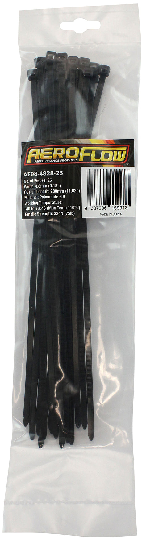 Heavy Duty Cable Tie 4.8 x 280mm25 Pack Black Zip Ties PA66 AF98-4828-25 - Aeroflow