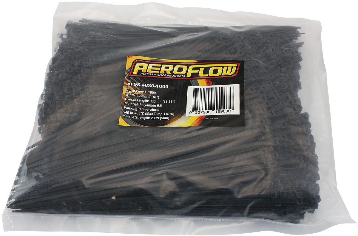 Cable Ties 4.8mm x 300mm 1000 Pack Black Zip Tie PA66 AF98-4830-1000 - Aeroflow