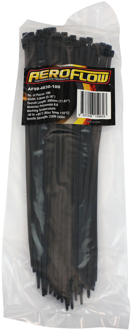 Cable Ties 4.8mm x 300mm 100 Pack Black Zip Tie PA66 AF98-4830-100 - Aeroflow