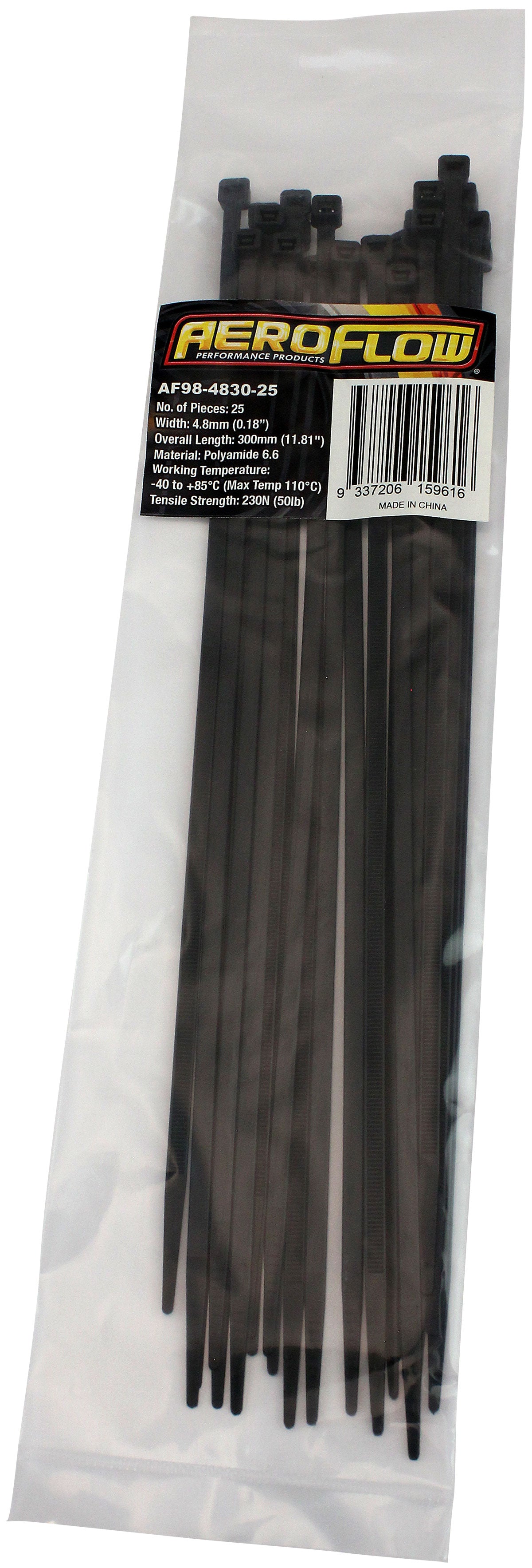 Cable Ties 4.8mm x 300mm 25 Pack Black Zip Tie PA66 AF98-4830-25 - Aeroflow