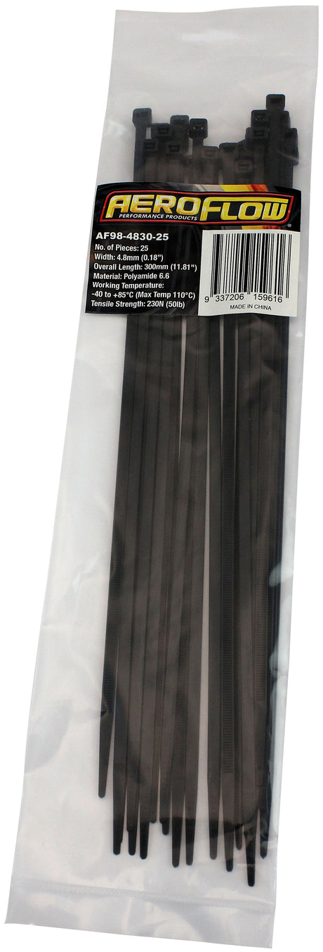 Cable Ties 4.8mm x 300mm 25 Pack Black Zip Tie PA66 AF98-4830-25 - Aeroflow