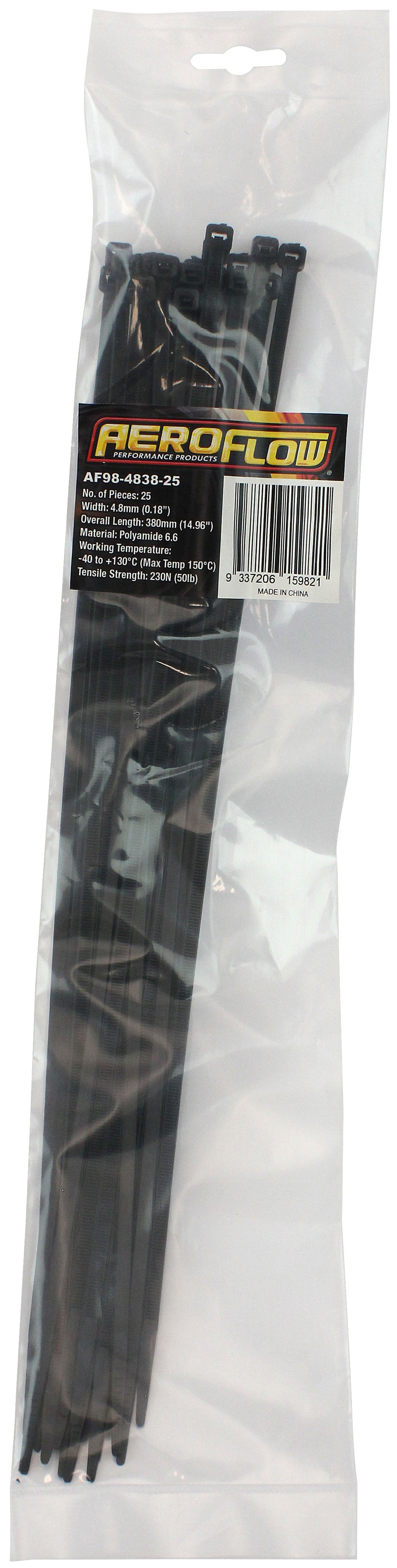 High Temp Cable Ties 4.8 x 380mm25 Pack Black Zip Tie PA46 AF98-4838-25 - Aeroflow