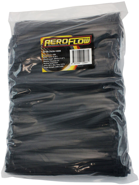Cable Ties 7.6mm x 300mm 1000 Pack Black Zip Tie PA66 AF98-7630-1000 - Aeroflow