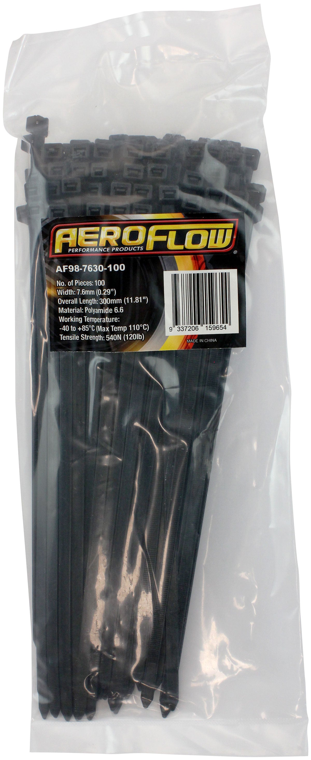 Cable Ties 7.6mm x 300mm 100 Pack Black Zip Tie PA66 AF98-7630-100 - Aeroflow