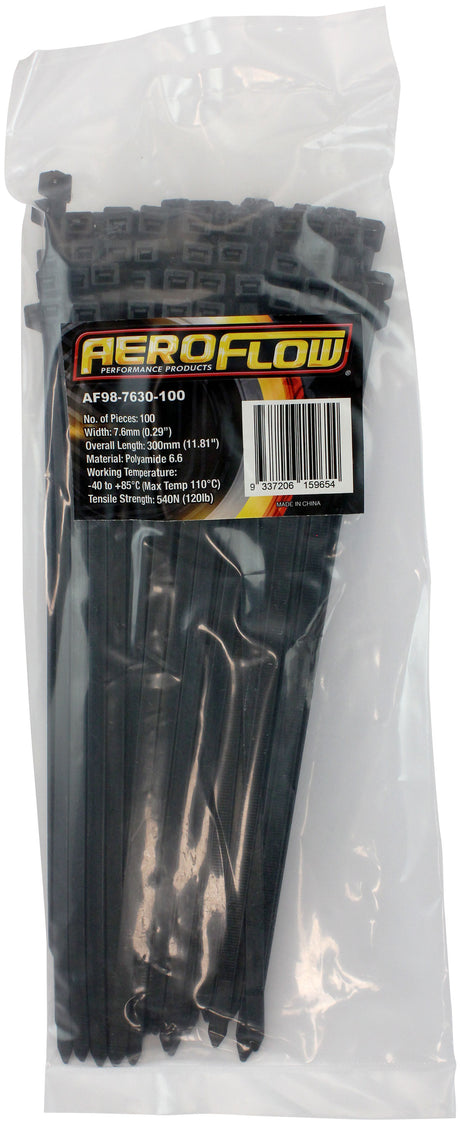 Cable Ties 7.6mm x 300mm 100 Pack Black Zip Tie PA66 AF98-7630-100 - Aeroflow