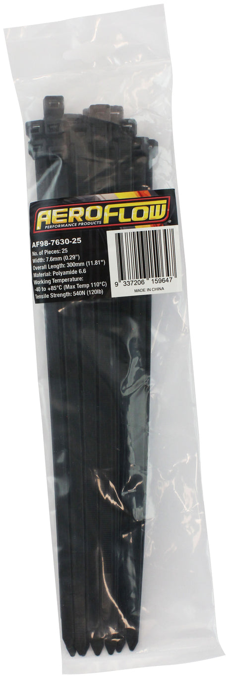 Cable Ties 7.6mm x 300mm 25 Pack Black Zip Tie PA66 AF98-7630-25 - Aeroflow
