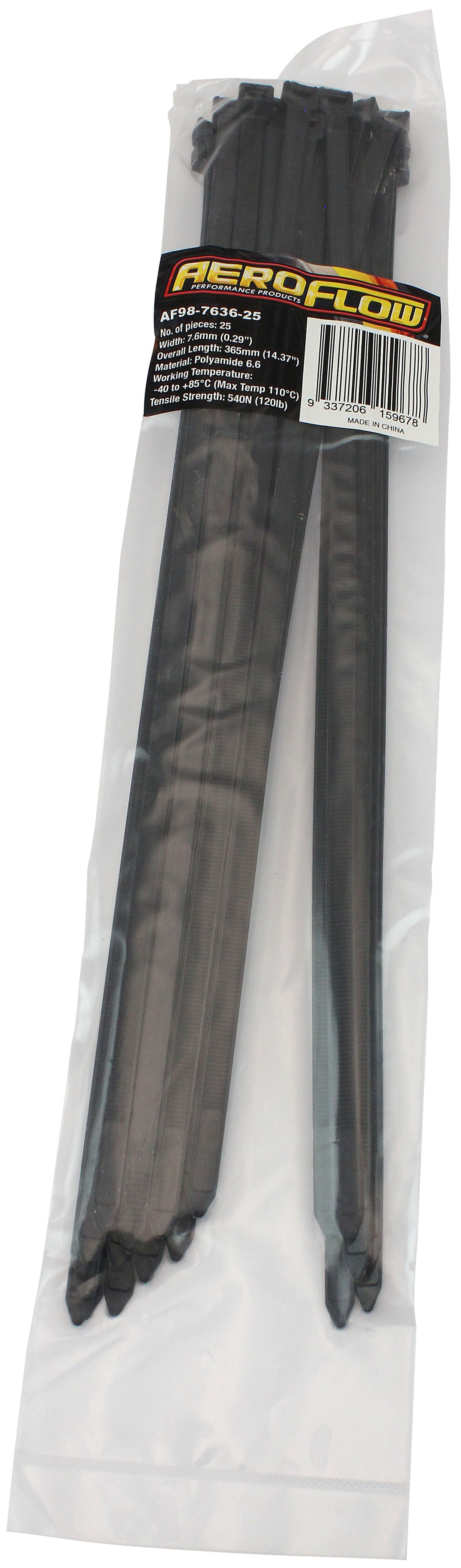 Cable Ties 7.6mm x 365mm 25 Pack Black Zip Tie PA66 AF98-7636-25 - Aeroflow