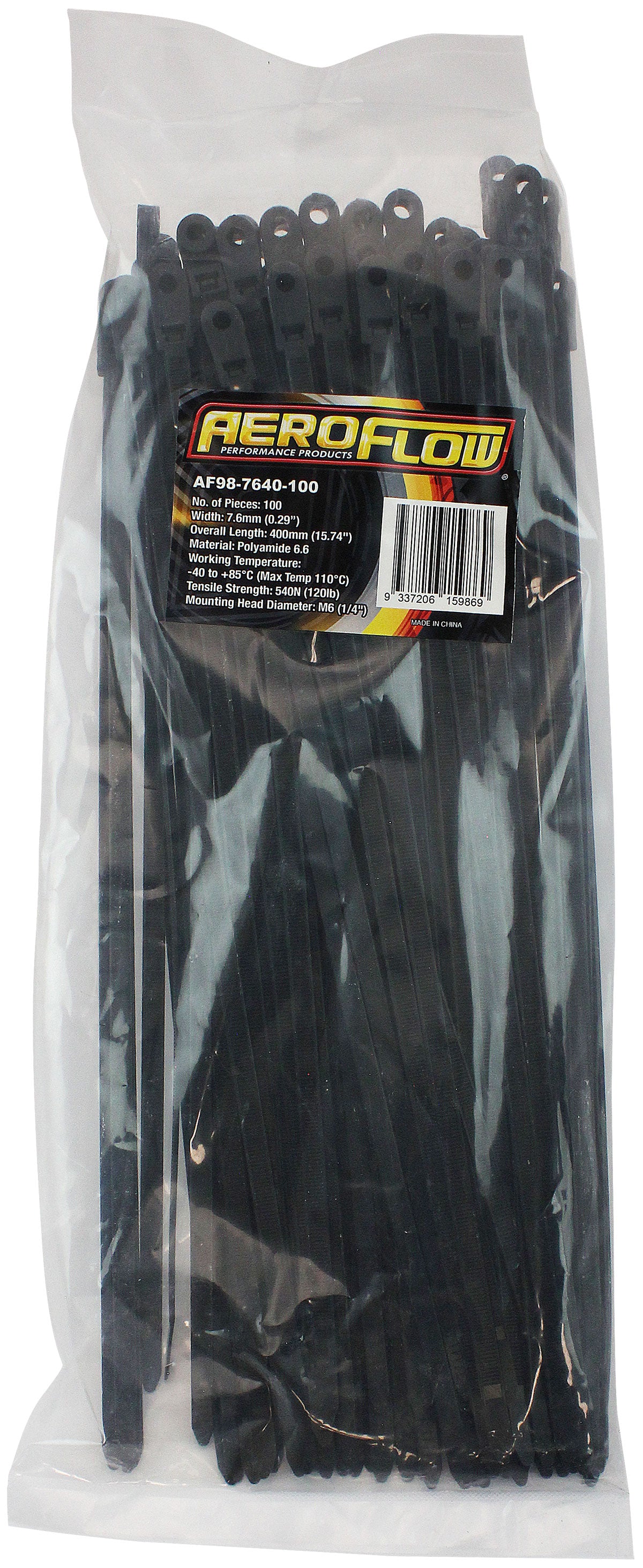 Screw Mount Cable Ties 7.6 x 400M6 100 Pack Black Zip Tie PA66 AF98-7640-100 - Aeroflow