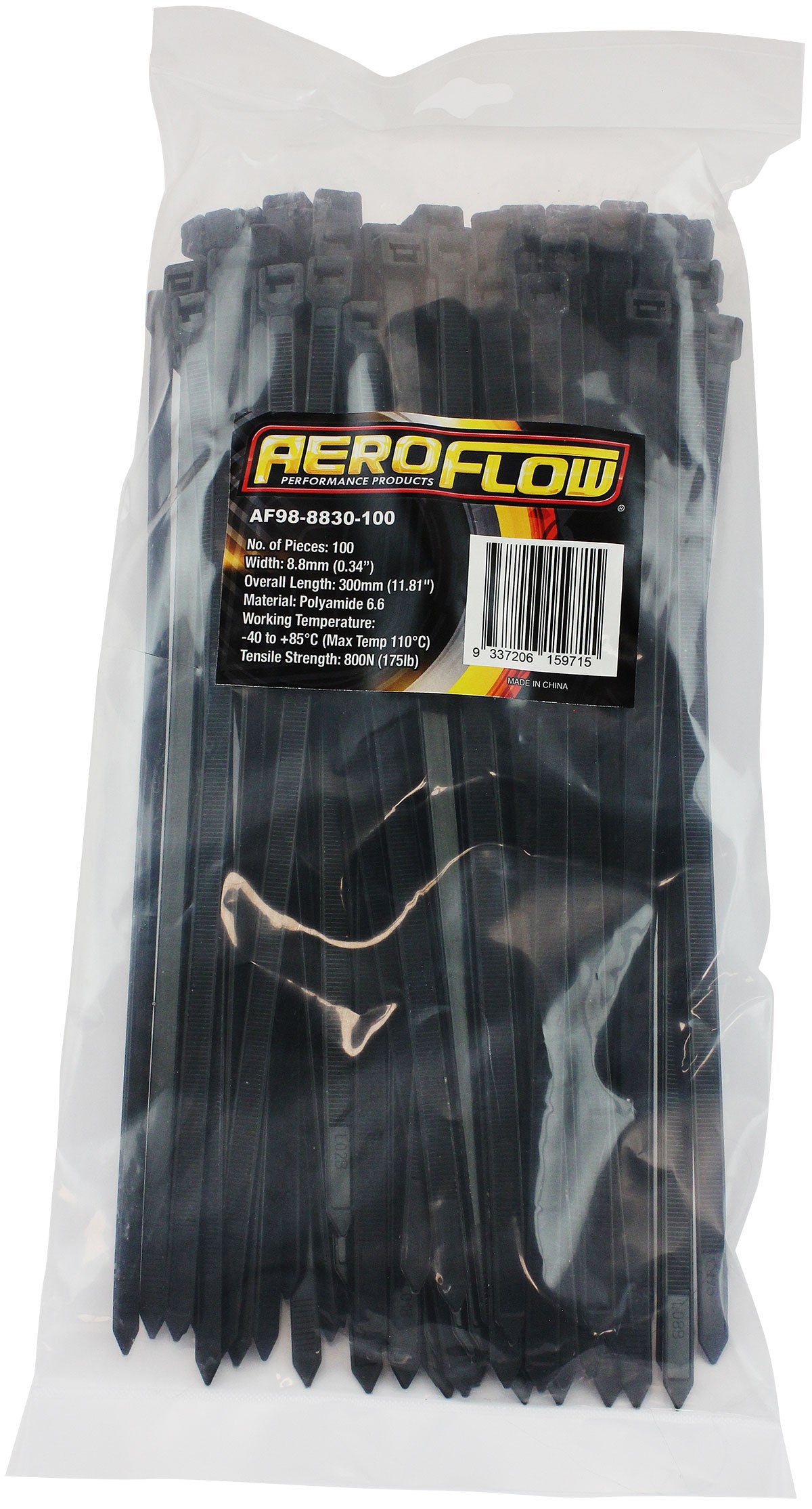 Cable Ties 8.8mm x 300mm 100 Pack Black Zip Tie PA66 AF98-8830-100 - Aeroflow