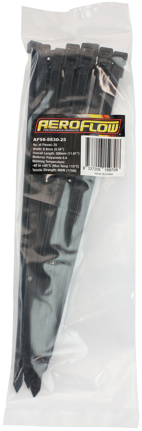 Cable Ties 8.8mm x 300mm 25 Pack Black Zip Tie PA66 AF98-8830-25 - Aeroflow
