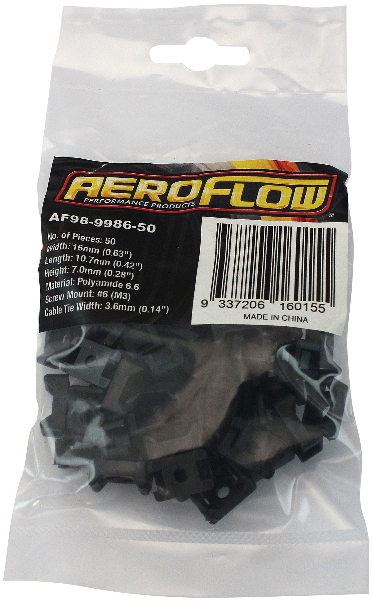 Cable Tie Screw Mounts 16mm x 10.7mm M3 Hole PA66 50 Pack AF98-9986-50 - Aeroflow