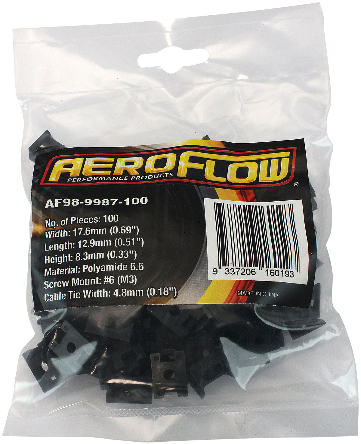 Cable Tie Screw Mounts 17mm x 12.9mm M3 Hole PA66 100 Pack AF98-9987-100 - Aeroflow