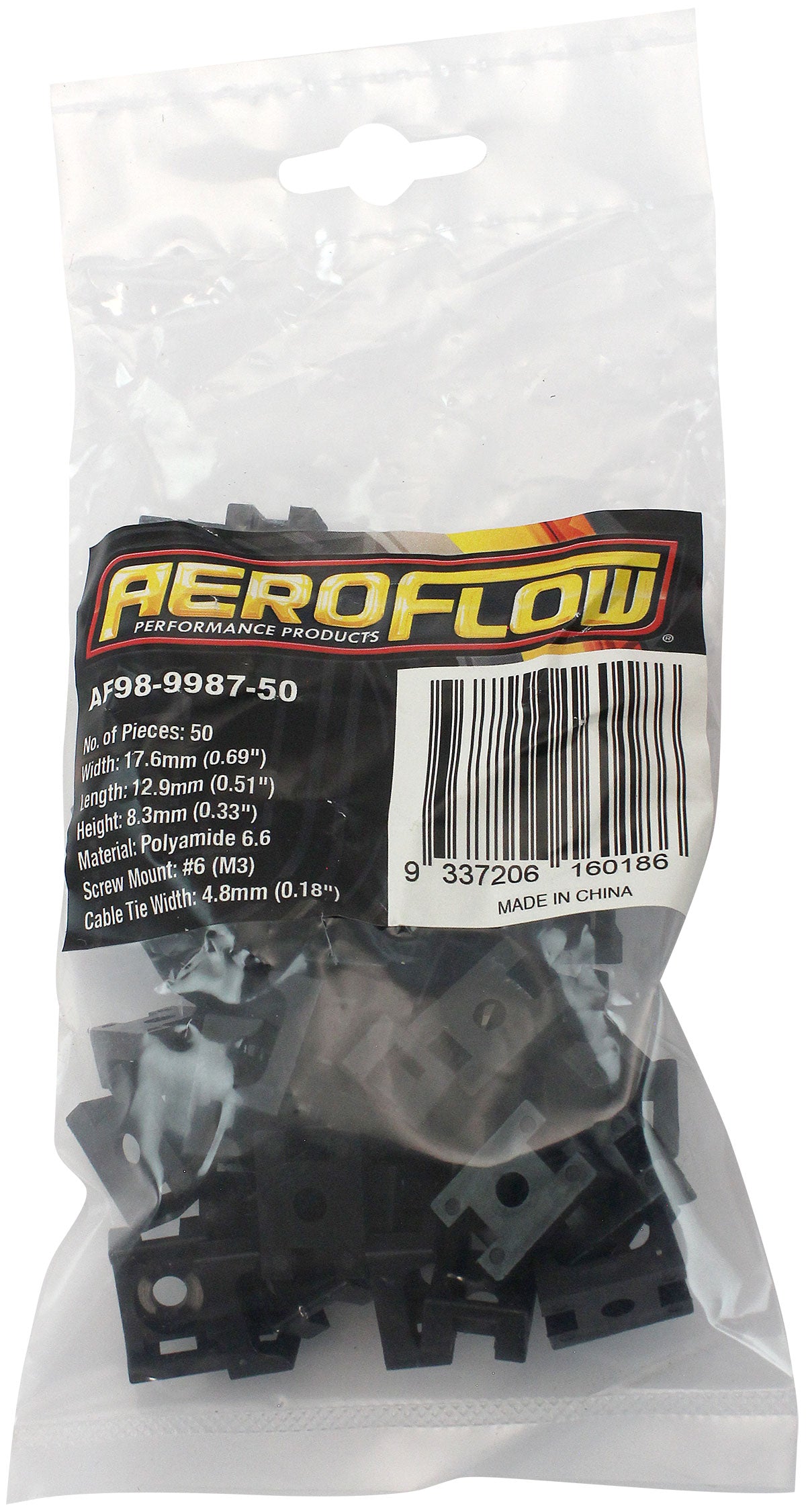 Cable Tie Screw Mounts 17mm x 12.9mm M3 Hole PA66 50 Pack AF98-9987-50 - Aeroflow
