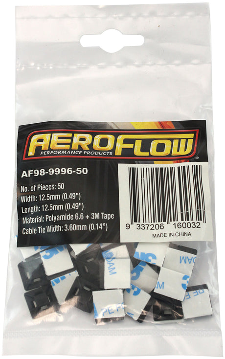 Cable Tie Mounts 12.5 x 12.5mm Nylon 3M Pad Mount Black AF98-9996-50 - Aeroflow