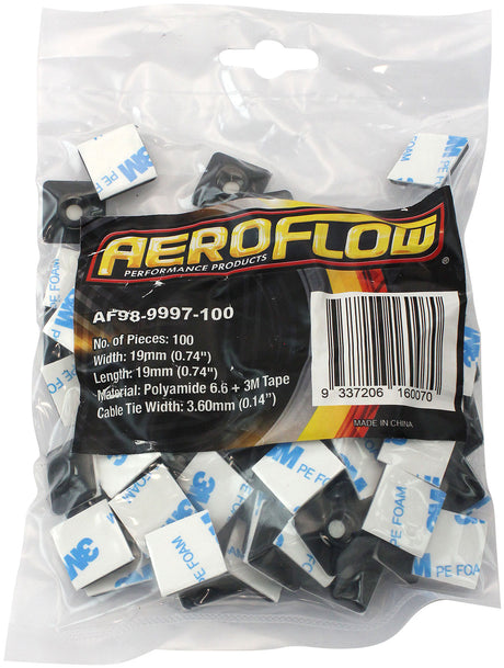 Cable Tie Mounts 19mm x 19mm Nylon 3M Pad Mount Black AF98-9997-100 - Aeroflow