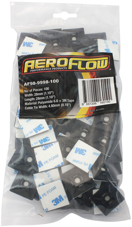 Cable Tie Mounts 28mm x 28mm Nylon 3M Pad Mount Black AF98-9998-100 - Aeroflow