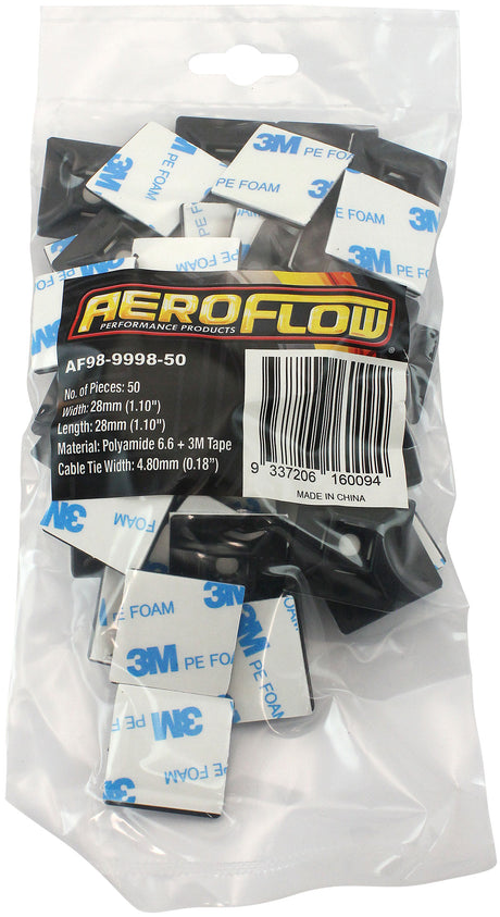 Cable Tie Mounts 28mm x 28mm Nylon 3M Pad Mount Black AF98-9998-50 - Aeroflow