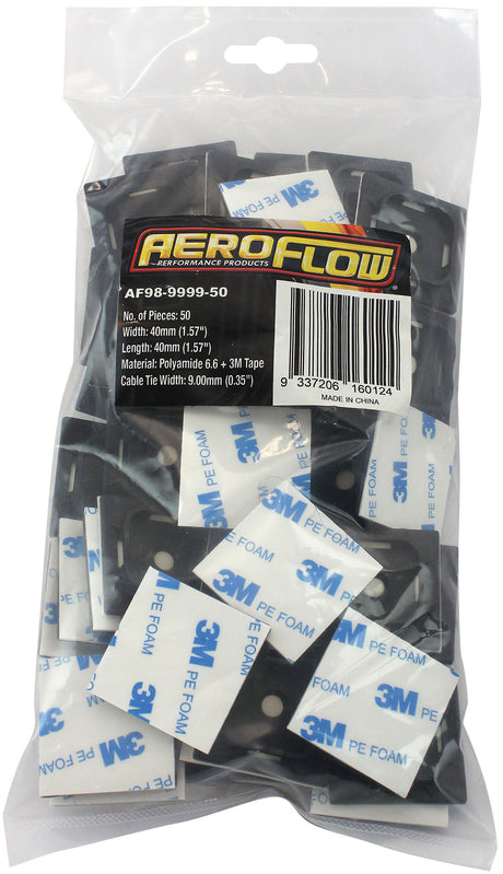Cable Tie Mounts 40mm x 40mm Nylon 3M Pad Mount Black AF98-9999-50 - Aeroflow
