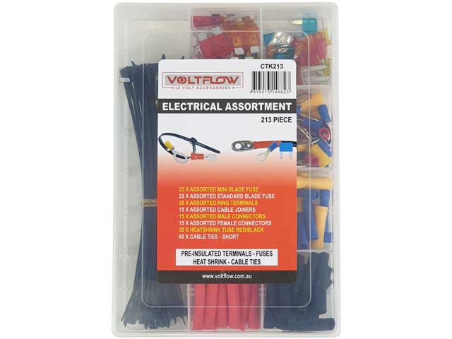 213 Electrical Assortment With Preinsulated Terminals, Fuses, Heat Shrink, Cable Ties In Plastic Case - Voltflow | Universal Auto Spares