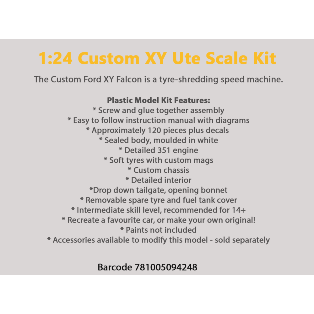 Ford Falcon XY Ute Slammed 351 Engine Plastic Model Car Kit 1:24 Scale Collectible - Diecast Models