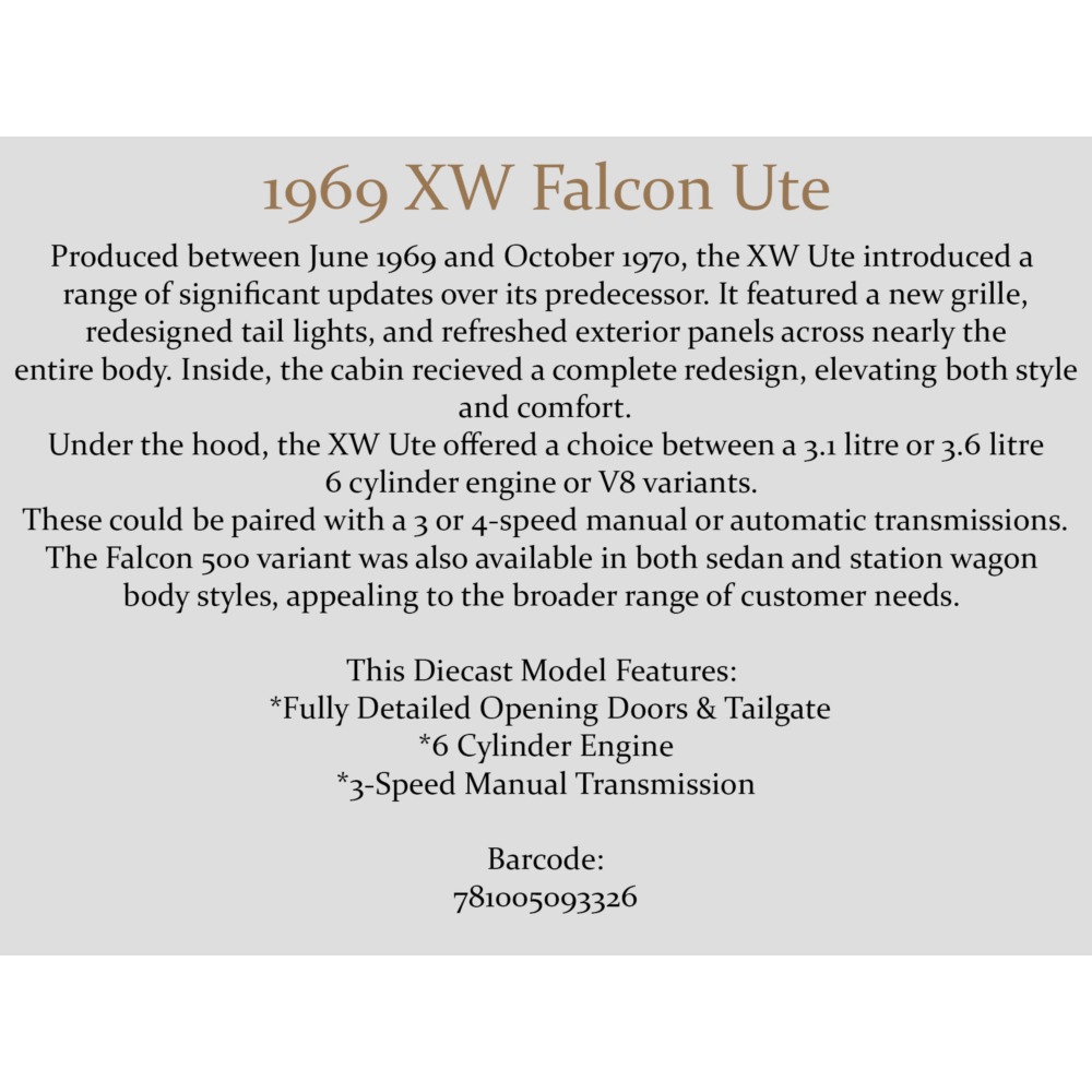 1969 Ford XW Falcon Ute 6 Cylinder White Diecast Model Car 1:24 Scale (Approx. 18–20cm) Collectible | Universal Auto Spares