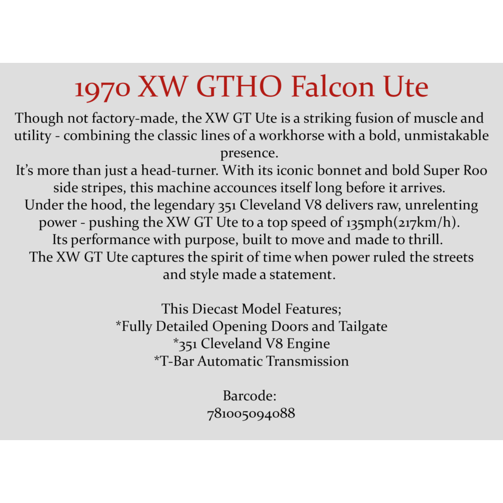 1970 Ford XW Falcon GTHO Ute 351 T-Bar Auto Red Diecast Model Car 1:24 Scale (Approx. 18–20cm) Collectible | Universal Auto Spares