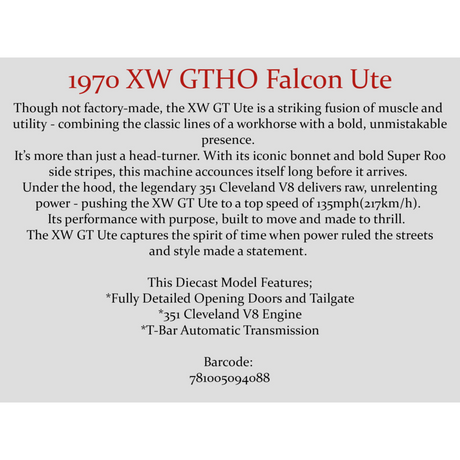 1970 Ford XW Falcon GTHO Ute 351 T-Bar Auto Red Diecast Model Car 1:24 Scale (Approx. 18–20cm) Collectible | Universal Auto Spares