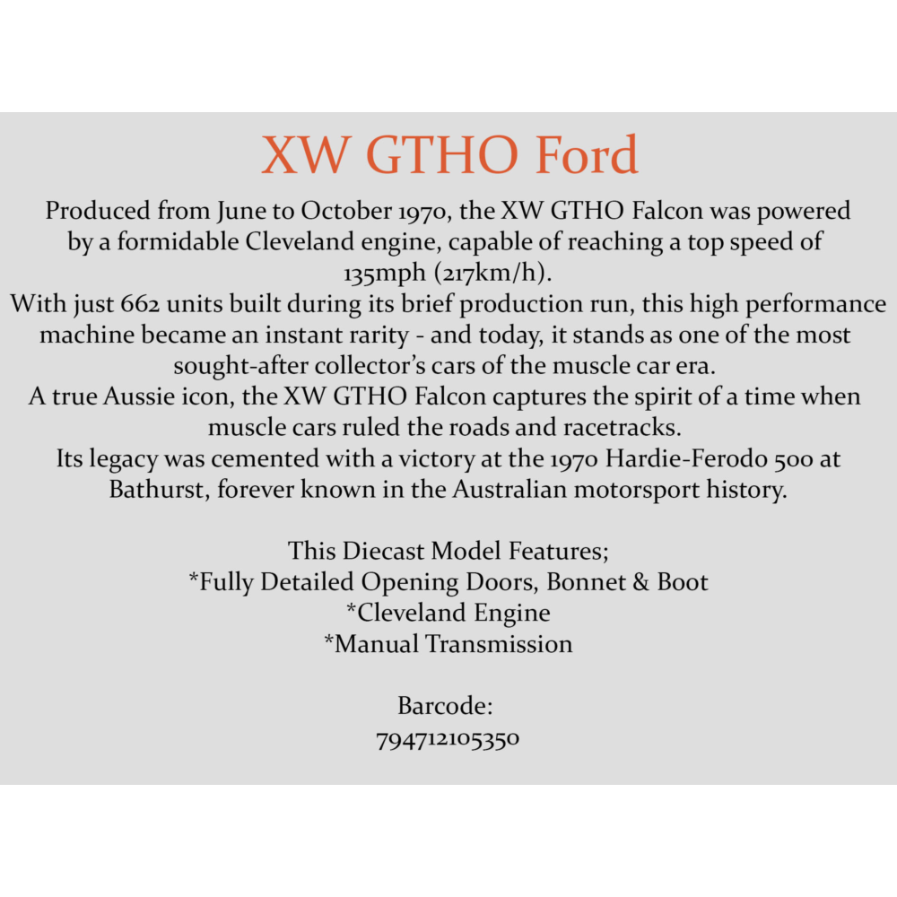 Ford Falcon XW GTHO Silver Fox with Orange Stripes Diecast Model Car 1:32 Scale (Approx. 14–15cm) Collectible