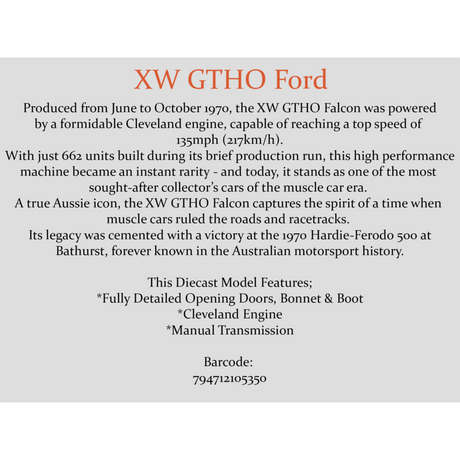 Ford Falcon XW GTHO Silver Fox with Orange Stripes Diecast Model Car 1:32 Scale (Approx. 14–15cm) Collectible | Universal Auto Spares
