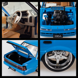 Close-ups of DDA709 blue Holden VL Calais model interior, supercharged engine, open boot and chrome wheel