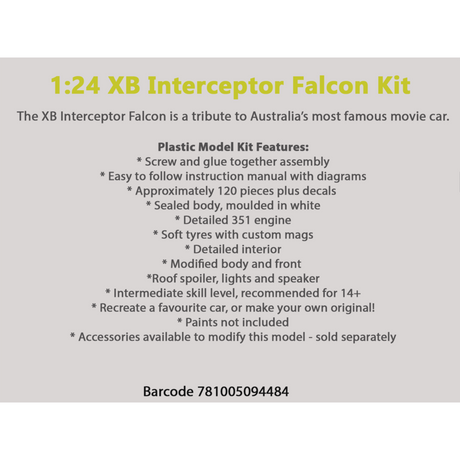 Ford Falcon XB V8 Interceptor Plastic Model Car Kit 1:24 Scale Collectible