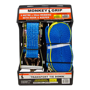 Transport Tie Down 2500KG Capacity 50mm Webbing - Monkey Grip 9M Plastic