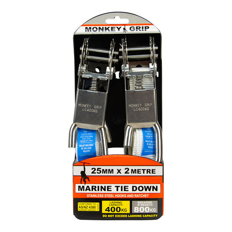 2 Piece Marine Tie Down Ratchet Type 25mm x 2m 400kg - Monkey Grip | Universal Auto Spares