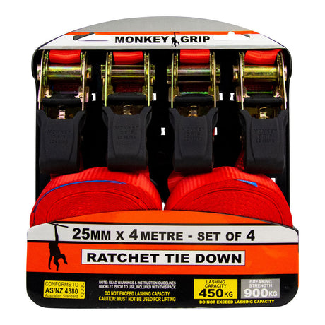 Monkey Grip Ratchet Tie Down 450KG Capacity 25mm Webbing - Monkey Grip 4 Pack