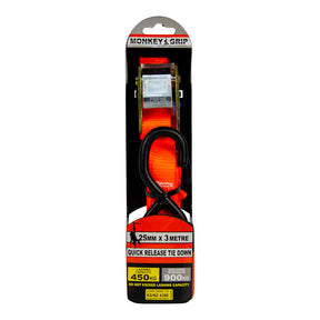Quick Release Cam Buckle Tie Down 450KG Capacity 3M x 25mm - Monkey Grip 1 Pack