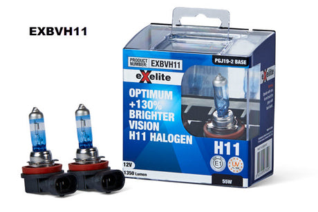 H11 55W Halogen Optimum +130 Brighter Vision Headlight Globes Twin Pack EXBVH11 - Exelite