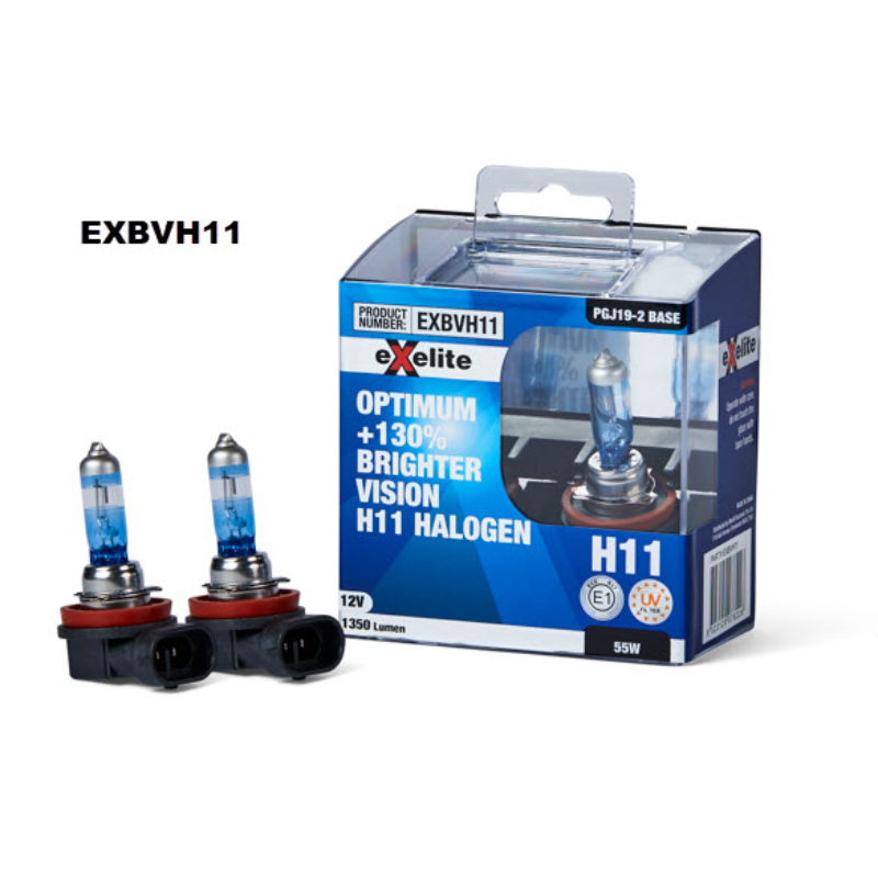 H11 55W Halogen Optimum +130 Brighter Vision Headlight Globes Twin Pack EXBVH11 - Exelite