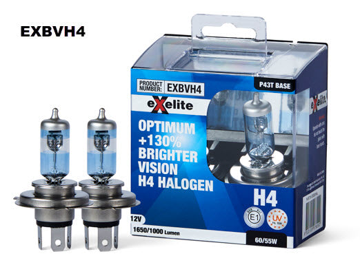 Halogen Headlight Globes H4 12V 60/55W + 130% (2 Pack) - Exelite