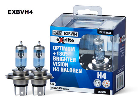 Halogen Headlight Globes H4 12V 60/55W + 130% (2 Pack) - Exelite